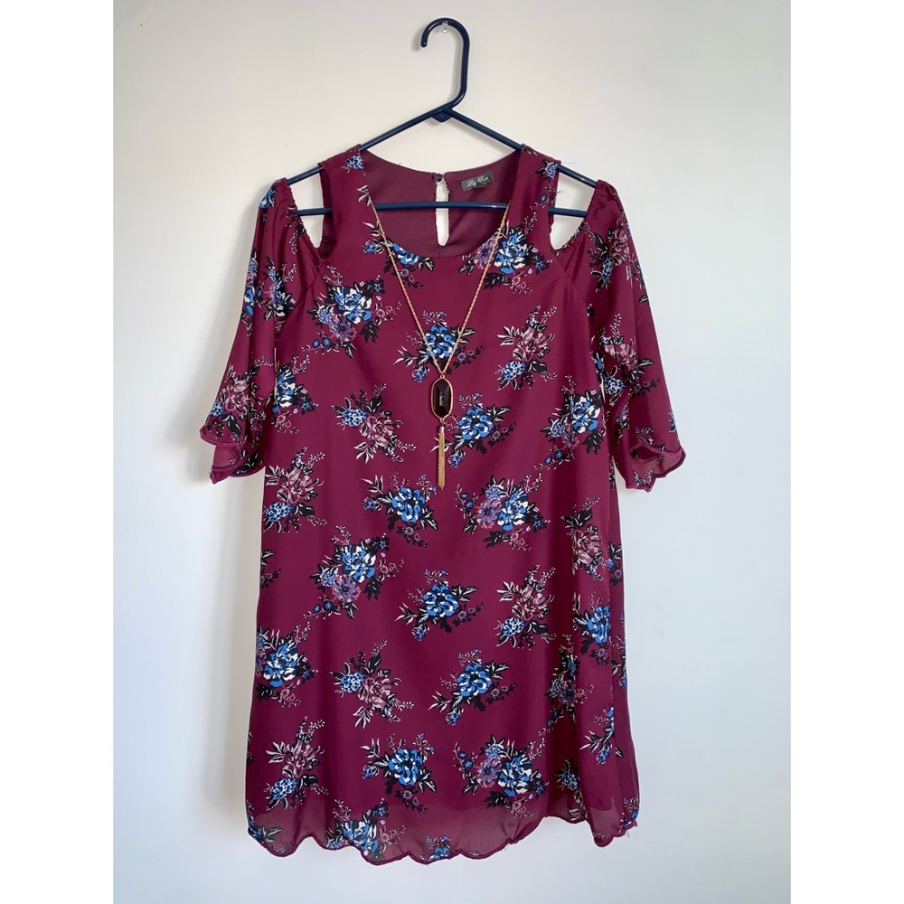Purple Floral Loose Shoulder Cut Out Long Dress